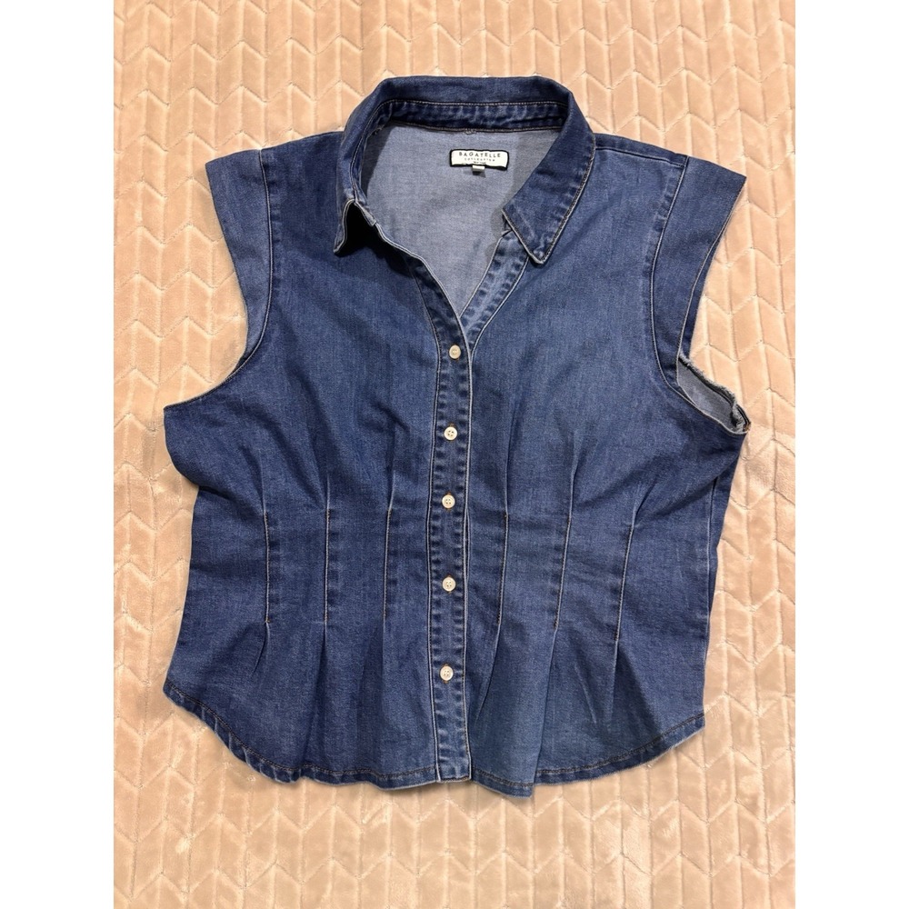 BAGATELLE COLLECTION Dark Wash Denim Peplum Cap Sleeve Button Down Shirt Top XL